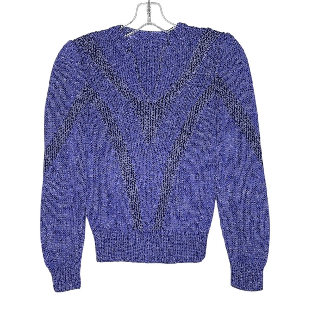 Vintage 80s Periwinkle Purple Hand Knit Puff Shoulder V-Neck Sweater‎ XS